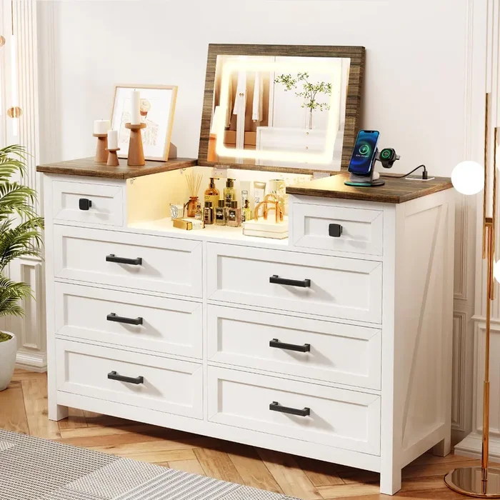 BROTTAR Dresser with Mirror for Bedroom, Chest of Drawers with LED Mirror, 8 Drawer Dresser with Charging Station, White Kids Dressers, Farmhouse Makeup Vanity with Storage for Bedroom