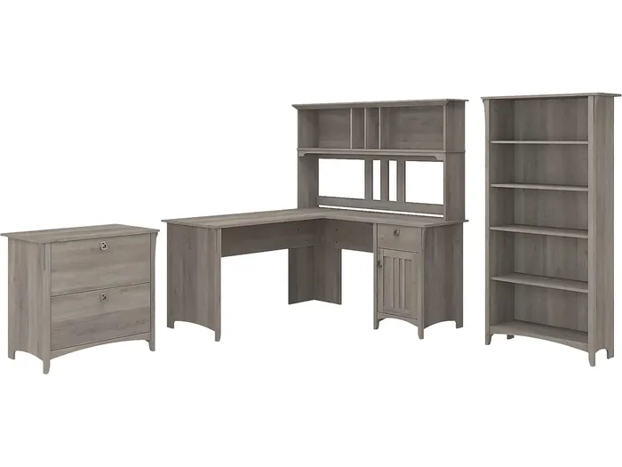 Bush Business Furniture Salinas 60W L-Shaped Desk Set with Hutch, File Cabinet & Bookcase in Driftwood Gray