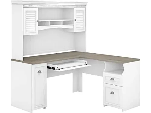 Bush Furniture Fairview L Shaped Desk with Hutch, Drawers and Storage Cabinet Corner Computer Table for Home Office with Pewter Accents, 60W, Shiplap Gray/Pure White