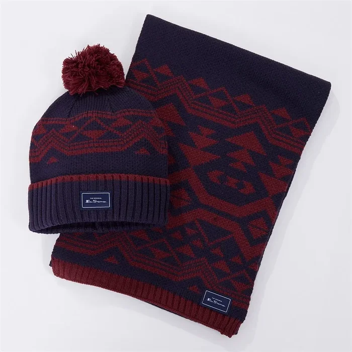 Buy Ben Sherman Mens Aztec Knit Scarf And Bobble Beanie Set Navy/Red