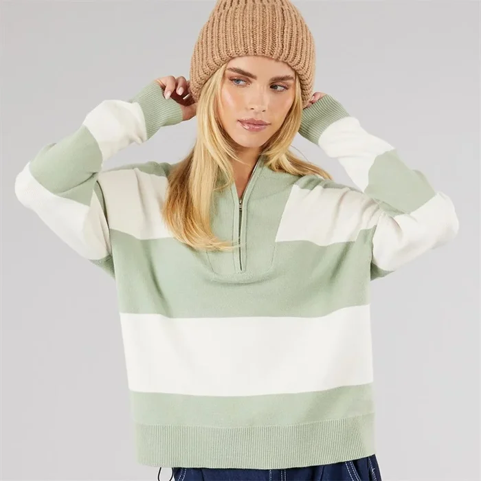 Buy Brave Soul Womens Jotter Stripe Half Zip Jumper Sage/Ivory Stripe
