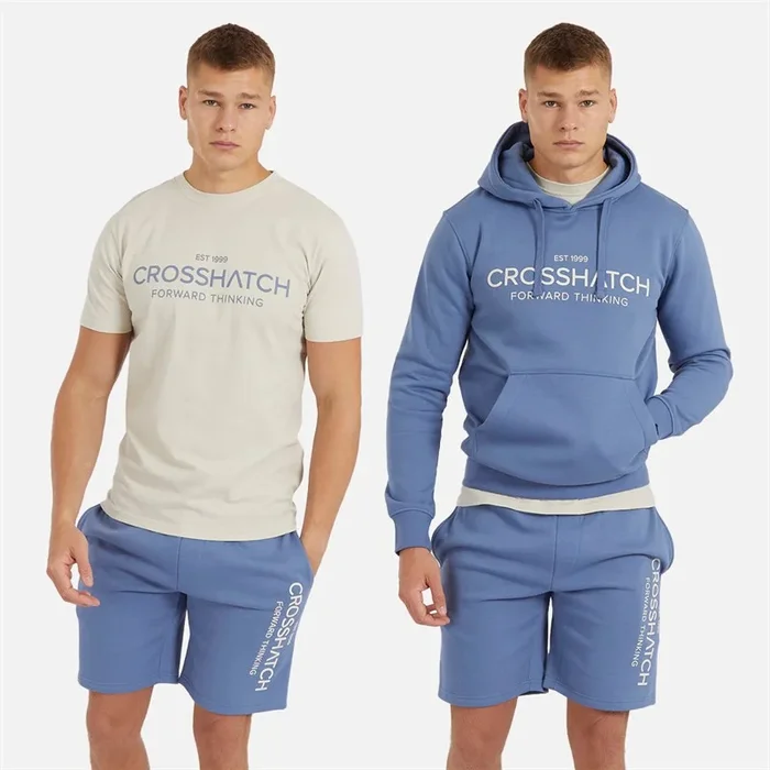 Buy Crosshatch Mens Ernies Hoodie T-Shirt And Shorts Set Pack A – Denim Blue/Light Stone
