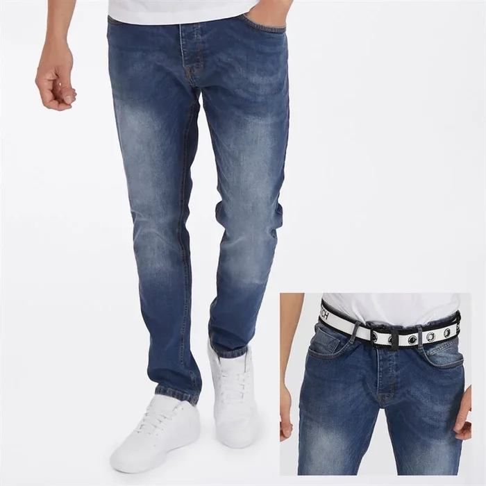 Buy Crosshatch Mens New Baltimore Belted Straight Fit Jeans Mid Wash