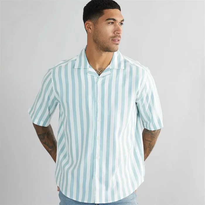 Buy ONLY & SONS Mens Tes Relax Cotton Slub Stripe Short Sleeve Shirt Seaspray Stripe
