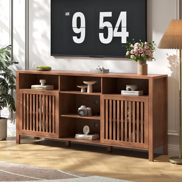 BVIUNTWO Farmhouse Brown TV Stand with Grille Doors, 5 Open Storage Compartments, 65″ Media Console with Adjustable Shelves for Living Room