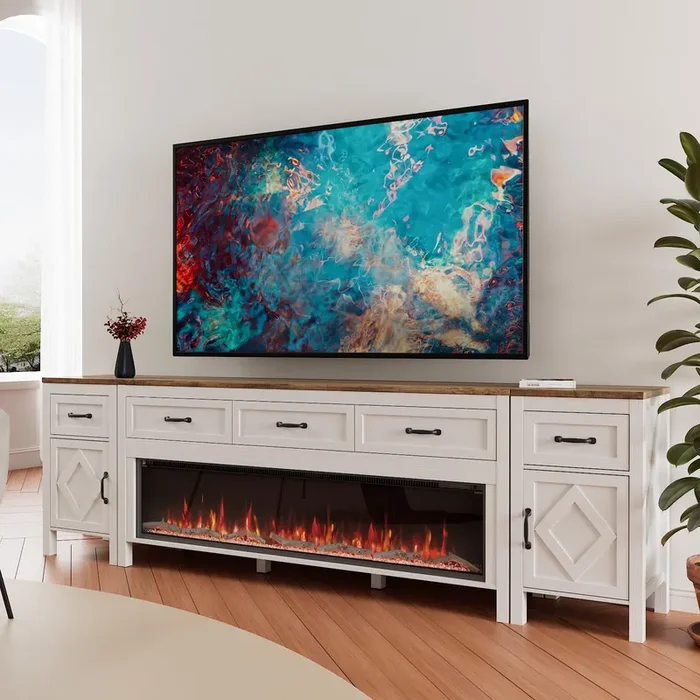 BVIUNTWO Farmhouse TV Stand with Fireplace for TVs Up to 100 Inch,Entertainment Center with 60″ Electric Fireplace,98″ TV Console with Storage Cabinet Drawers for Living Room(Off White)