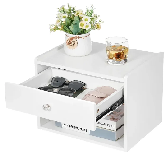 BWEISHOME Floating Nightstand with Drawer, White Nightstand Floating Bedside Table, Wall Mounted Nightstand Floating Night Stand Floating Side Table, Floating Shelves Bedroom KTZ04W