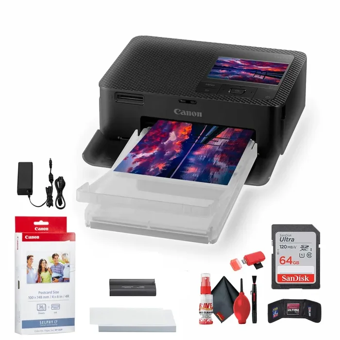 Canon SELPHY CP1500 Compact Photo Printer (Black) (5539C001) KP-36IP Color Ink and Paper Set + 64GB Ultra Memory Card + Cleaning Kit + Memory Card Wallet + Card Reader