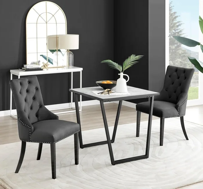 Carson White Marble Effect Square Dining Table & 2 Velvet Belgravia Black Leg Chairs