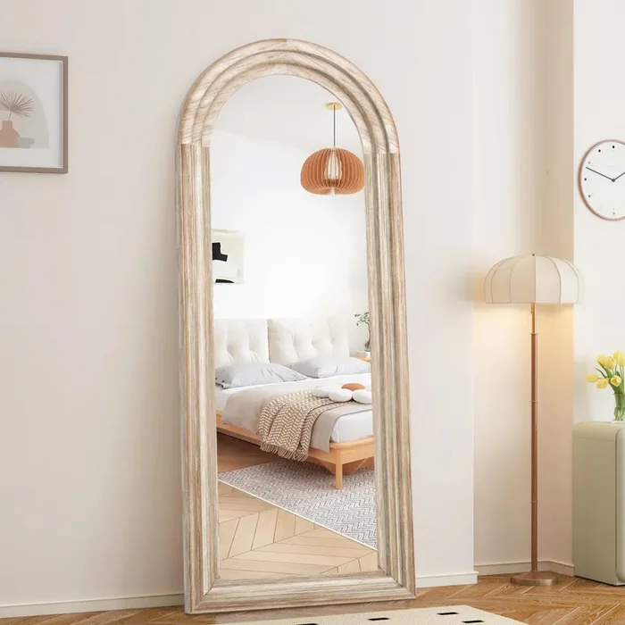 CASSILANDO Full Length Mirror Arched 65″x24″ Wood Wall Full Length Distressed Large Floor Mirror for Living Room, Bedroom, Entrance.（Weathering White）