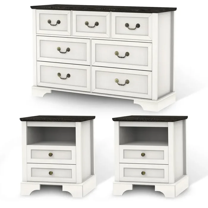 CATMIX Farmhouse Bedroom Set, 3 Pieces Bedroom Furniture Set, Rustic Wood 6 Drawer Dresser and Nightstands, Chest of Drawers Wide Storage Organizer Cabinet for Bedroom
