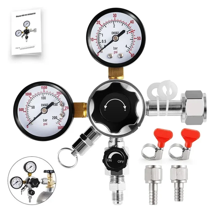 CGA-320 Kegerator Regulator, Dual Gauge Co2 Regulator for Kegerator Co2 Regulator Beer Tap for Keg with 1/4” & 5/16” Quick Disconnect Barb Connectors & Safety Relief Valve for Co2 Cylinder Tank