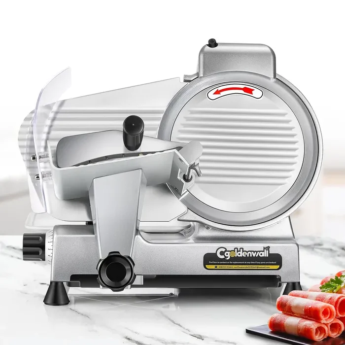 CGOLDENWALL Meat Slicer Machine 10″ Commercial Meat Slicer 240W Electric Deli Meat Cheese Food Slicer 0-1/2″ Adjustable Thickness Semi-Auto Frozen Meat Slicer for Home, Copper Motor Low Noise Durable