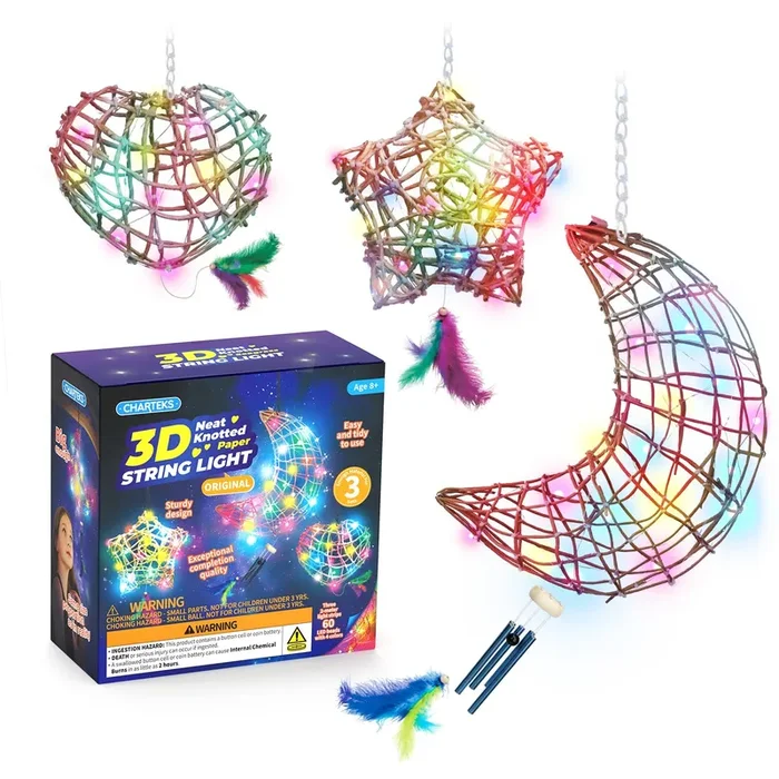 CHARTEKS 3D String Light Craft Kit for Kids, String Art Kit with LED Bulbs and Wind Chime, Arts and Crafts Set, Birthday Gifts for Girls Boys Ages 8+ (Original, Paper String)