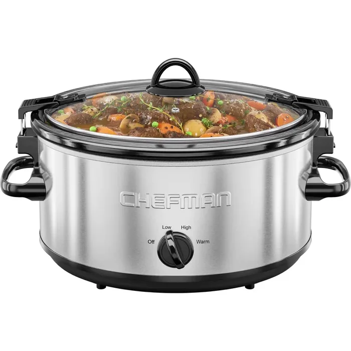 Chefman 6 Quart Slow Cooker with Locking Lid, Ceramic Crock with Portable Cook and Carry Travel Latching Lock, Large Easy Clean Dishwasher Safe Pot Insert, Manual 3 Heat Settings, Stainless Steel