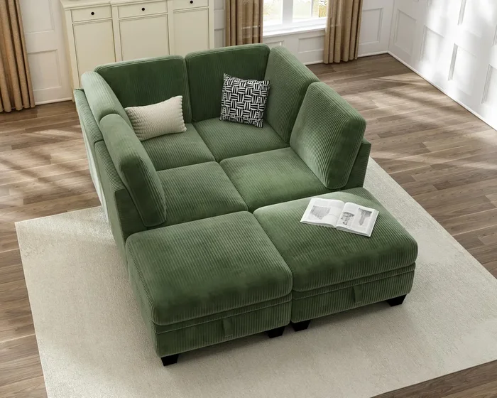 CHIC HOUSE Modular Sectional Sofa Corduroy Couch, Customizable U-Shaped Sofa with Storage Ottoman, Reversible Chaise for Living Room, Oversized L-Shaped Sofa Set (Green, 6 Seater Compact Sleeper)