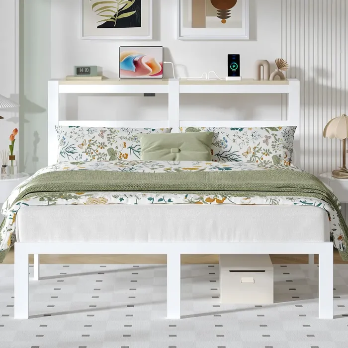 ChicZhiNest Full White Bed Frames with Charging Station and LED Lights, Full Platform Bed with Heavy Duty Metal Slats, Storage Headboard, Under Bed Storage, No Box Spring Needed, Noise Free