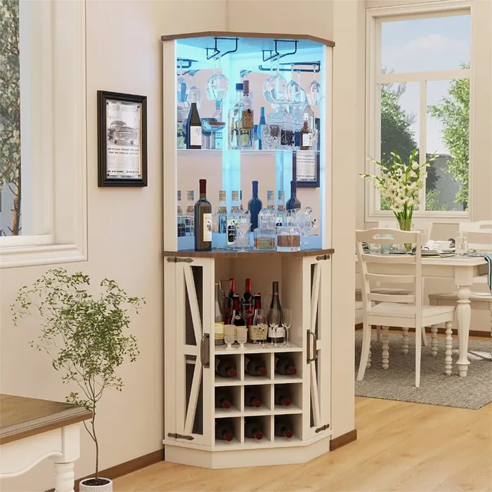 Chilihom Farmhouse Corner Wine Bar Cabinet with Led Lights and Mirror, Tall Liquor Cabinet Coffee Bar Cabinet for Home, Display Cabinet Hutch Corner Wine Rack Home Bar Furniture with Storage, White