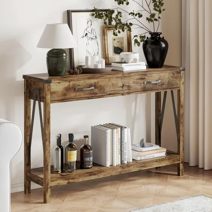 ChooChoo 47” Farmhouse Console Table with Drawer, Entryway Table with Storage Shelf, Rustic A-Design Sofa Table for Hallway, Entrance, Living Room, Rustic Brown