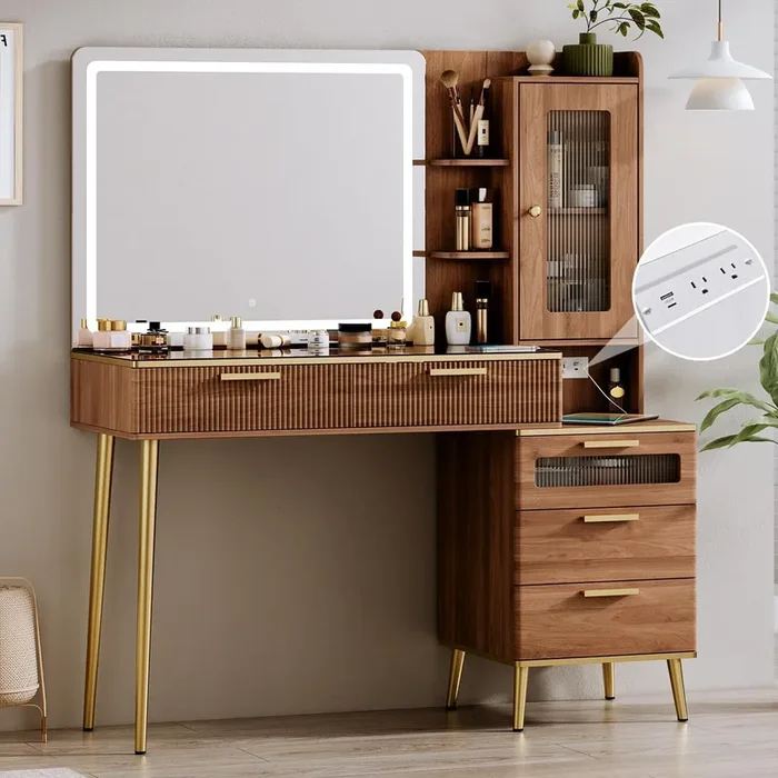 Chrangmay 47.24″ Big Modern Vanity Desk with Mirror and Lights,Makeup Vanity Desk with 5 Drawers and Storage Shelves & Power Outlet,Dressing Table with Glass Top, Brown