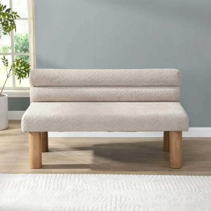 Christopher Knight Home Wally Boucle Upholstered Dining Bench, Modern Large Dining Room Chair, Entryway Ottoman Bench, Bedroom End of Bed Seating, Armless Desing and Wooden Frame, Light Gray+Natural