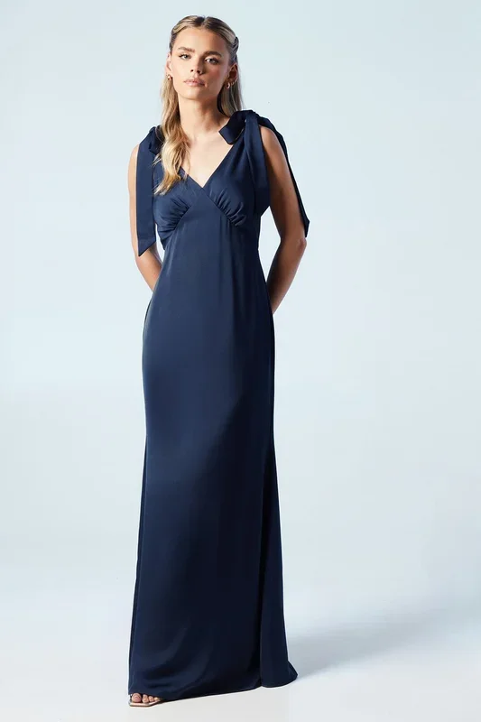 Coast Honoured Petite Satin Back Crepe V Neck Tie Shoulder Maxi Bridesmaid Dress