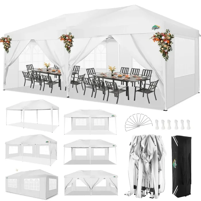COBIZI Canopy 10×20 Pop Up Canopy with 6 Sidewalls,Waterproof Canopy Outdoor Event Shelter UPF 50+ Gazebo Portable Tents for Parties Beach Camping Wedding Commercial Instant Easy up Canopy 10×20,White