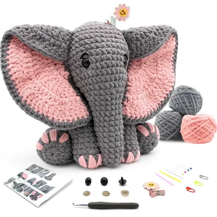 CODGP Crochet Kit,13in Crochet Animal Kit Elephant,Crochet Starter Kit Gift for Adults Kids with Yarn Sets,Amigurumi Crochet Kits with Step-by-Step Video Tutorials