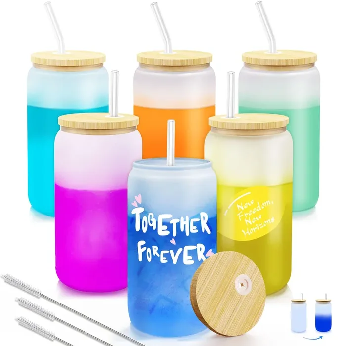 Color Changing Sublimation Glass Cups with Lids and Straws,16oz Frosted Sublimation Glass Can,Glass Cup with Bamboo Lid and Straw,Beer Can Glasses/iced Coffee Tumbler/Soda Drinking Cup,Funny Gifts