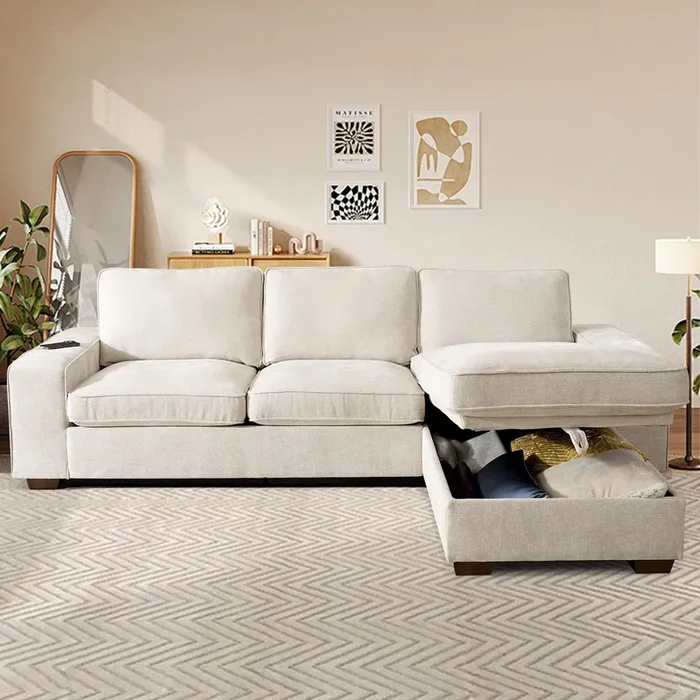 COOSLEEP 99” L-Shape Convertible Sectional Couches Sofas with 190L Storage Chaise,Chenilee Sofas with Removable Cushion and Detachable Cover,USB and Type-c Charging for Living Room