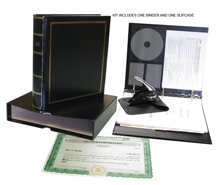 Corpkit Customized Royal Corporate Kit Deluxe with Printed Minutes & Bylaws/Operating Agreement, Heavy-Duty Black Binder, Slipcase, Corporate Seal, Certificates with Stubs-(Corporation)