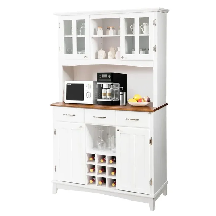 COSTWAY Kitchen Hutch Storage Cabinet, Freestanding Pantry Buffet Sideboard, Modern Buffet Cupboard w/Wine Rack, Adjustable Shelves, Tempered Glass Cabinets, Drawers, Microwave Stand (White)