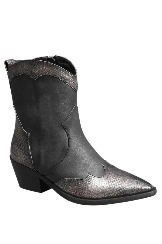 Cowboy Western Vintage Style Metalic Bronze Shinny Ankle Boots with Pointed Toe and Block Heel