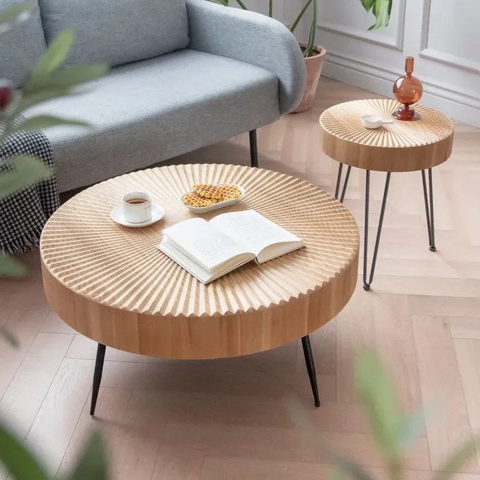 COZAYH 2-Piece Modern Farmhouse Coffee, Nesting Round Natural Finish with Handcrafted Wood Radial Pattern living room table sets, 31.5D x 31.5W x 14.2H