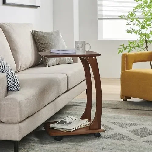 COZYMATIC Emerson Solid Wood End Table with Rolling Wheels, C Shaped Side Table, TV Tray Table, Couch Table That Slide Under for Small Space, Living Room, Bedroom (Walnut)-Small