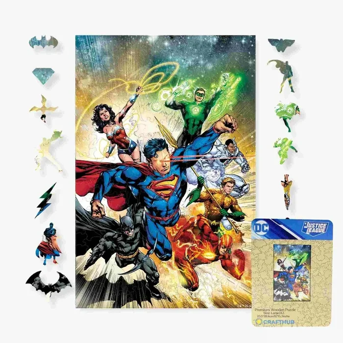 Crafthub DC Wooden Puzzles for Adults – A3 Size with 202 Pieces Wood Puzzles – Justice League Heroes – Jigsaw Puzzles with Unique Shapes – 10″ x 15.3″