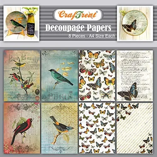 CrafTreat Bird Decoupage Paper for Crafts and Furniture – Birds and Butterflies – Size: A4 (8.3 x 11.7 Inch) 8 Pcs – Butterfly Decoupage Paper for