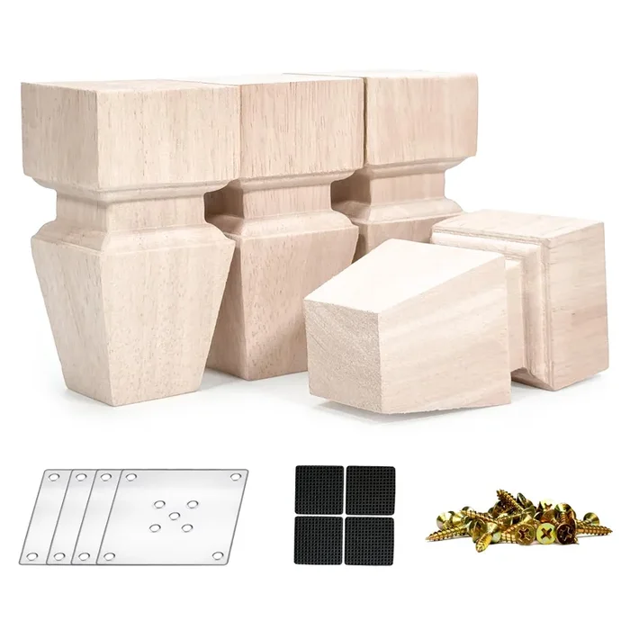 CRAPAPFERT 5 Inch Wooden Furniture Legs, Set of 4 Replacement Solid Wood Unfinished Square Furniture Bun Feet for Couch Chair Sofa Dresser Desk Table Cabinet Bed Bookcase (with mounting parts)