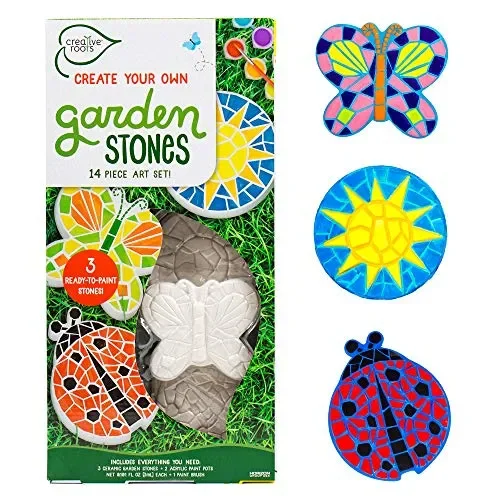Creative Roots Mosaic Butterfly, Ladybug, & Sun Stepping Stone, Includes 3-Pack 4.5-Inch Ceramic Stepping Stone & 6 Vibrant Paints, Paint Your Own