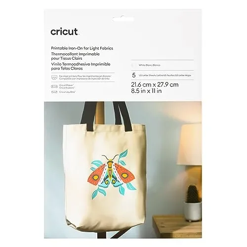 Cricut Printable Iron On for Light Fabrics – US Letter Size, (5ct), Printable HTV Vinyl for Inkjet Printer, Compatible with Cricut Maker, Expression,
