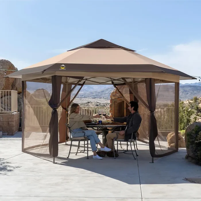 CROWN SHADES 12×12 Pop up Gazebo with Mosquito Nettings, Patented Center Lock 6-Sided Portable Gazebo, 300D Silver-Coated Fabric UV Resistant, Pop Up Canopy Tent for Patio, Party, Beige&Coffee