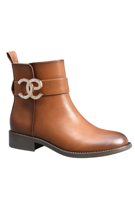 Crystal Diamond Buckle Fur Lining Interior Zip Closure Flat Ankle Boots