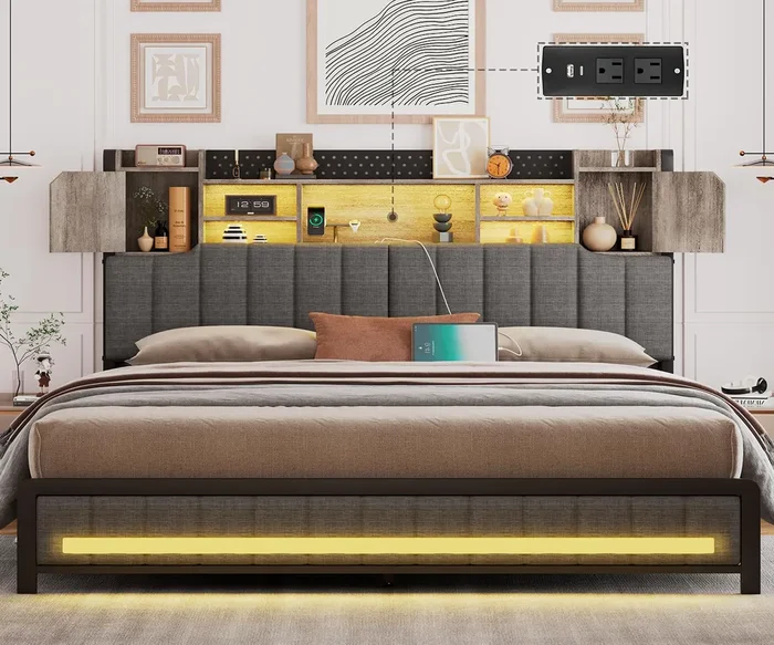 CSZZD King Size Upholstered Bed Frame with Storage Headboard, LED Lights, and Charging Station in Oak Gray