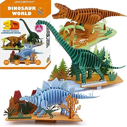 CUPUZ 3D Paper Puzzle, 3 Assorted Dinosaurs, Premium Cardboard Models, DIY Kit for Child, Educational Craft -Rex, Stegosaurus, Brachiosaurus Puzzles