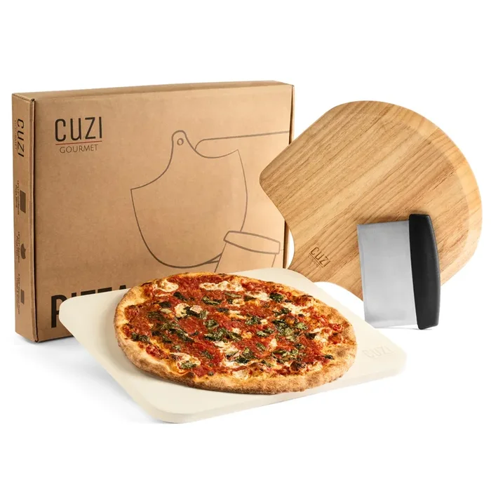 Cuzi Gourmet 3-Piece Pizza Stone Set – 15×12″ Thermal Shock Resistant Cordierite Pizza Stone, 15×12″ Natural Wood Pizza Peel & Pizza Cutter – Pizza Stone for Grill and Oven