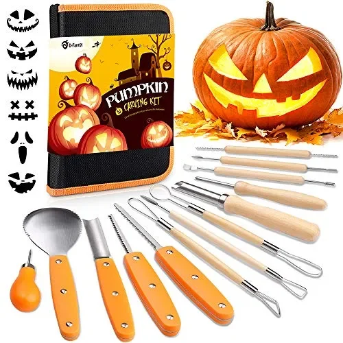 D-FantiX Halloween Pumpkin Carving Kit, 13 Pieces Professional Stainless Steel Pumpkin Carving Tools Kit with Stencils and Carrying Case – Carve