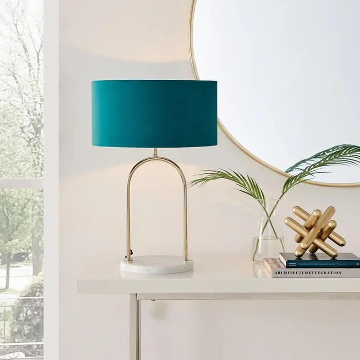 Danielle Art Deco Table Lamp In Brass Plate With Teal Velvet Shade and Marble Base