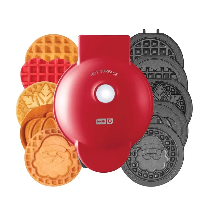 DASH Holiday Multimaker Mini System – Waffle Maker with Six 4” Removable Holiday Plates: Waffle Iron & Griddle, 4-in-1 Mini Waffle Maker for Kids and Families – Nonstick Surface, Santa Waffle (Red)