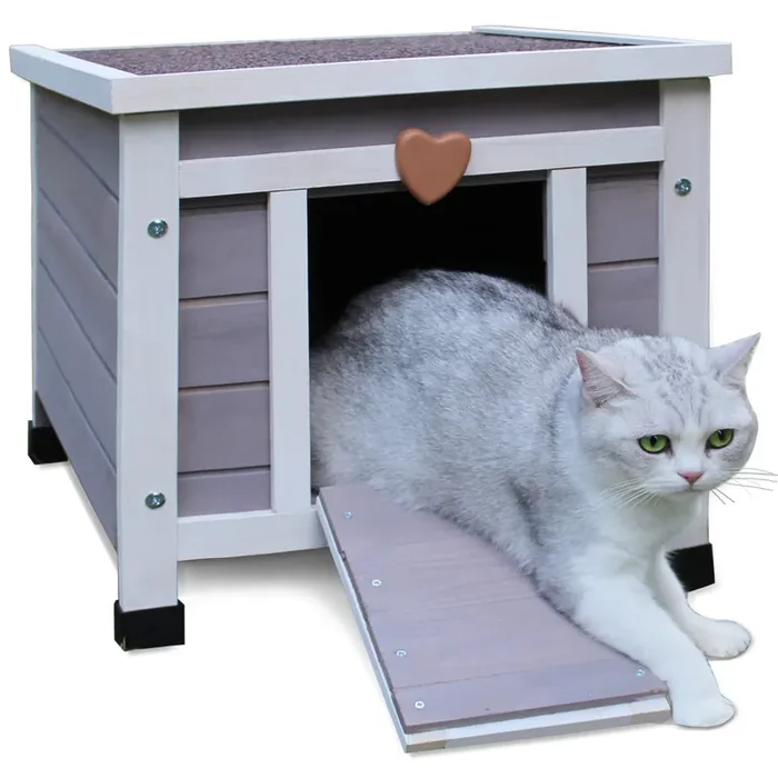 Deblue Weatherproof Cat House for Outdoor Cats, Wooden Small Pet House Outside, Feral Cat Shelter with Elevated Floor and Lockable Door – Grey