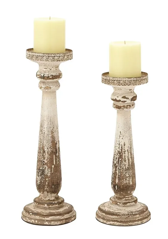 Deco 79 Wood Distressed Pillar Candle Holder, Set of 2 13″, 15″H, Brown